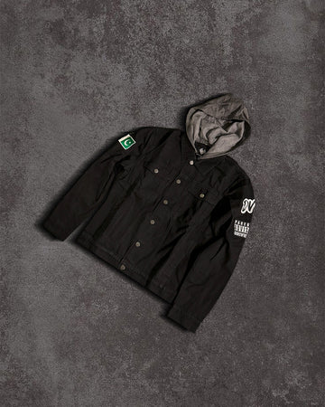 Jet Black Denim Jacket with Detachable Charcoal Hood (Uni-Sex) Ft. DualVisor