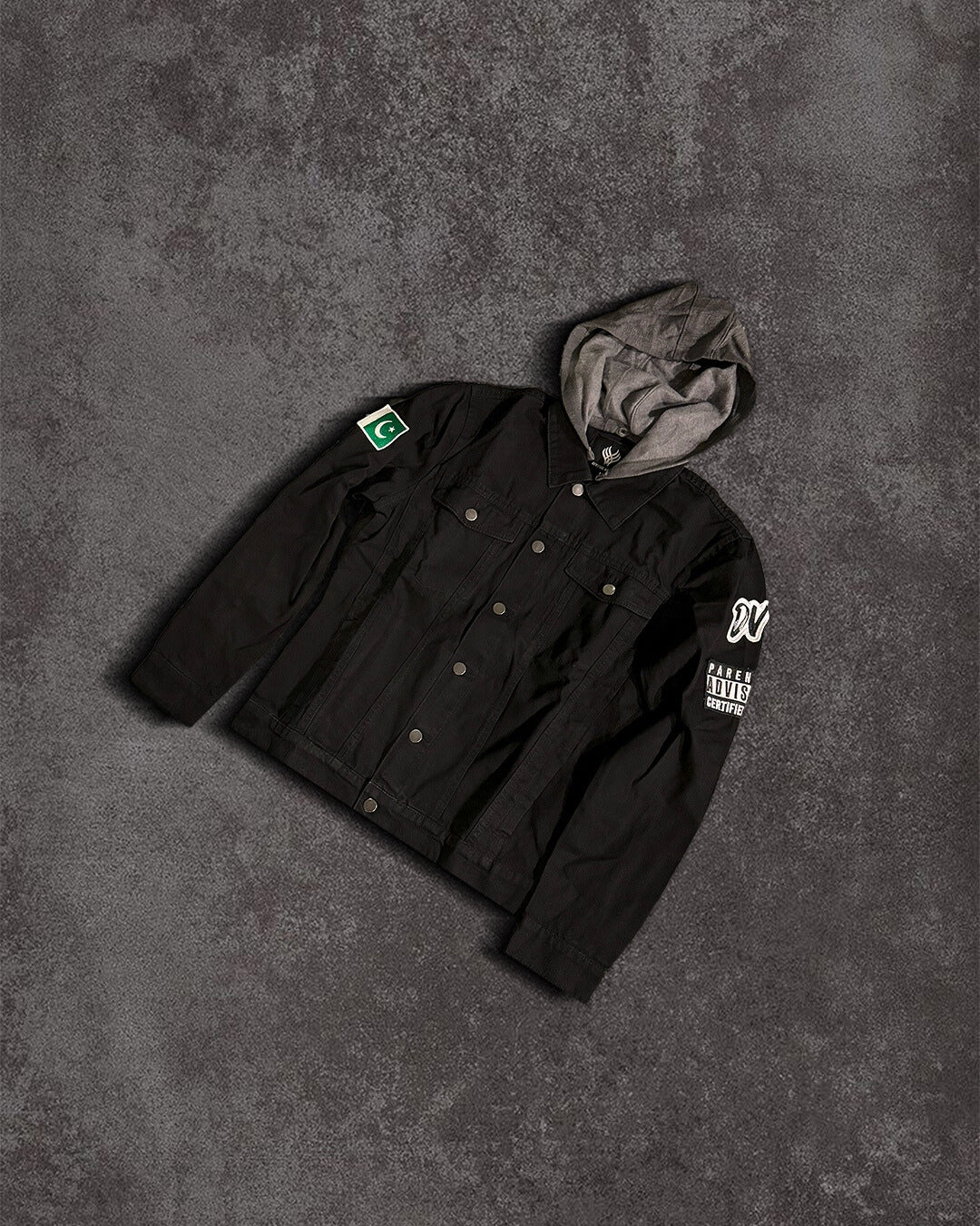 Jet Black Denim Jacket with Detachable Charcoal Hood (Uni-Sex) Ft. DualVisor
