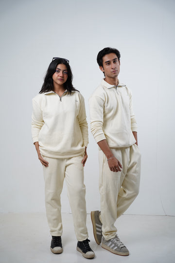 ATDE's Cream Mock-neck 1/4 Zipper Co-ord Set (Uni-sex)